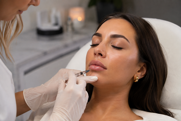 Vrouw krijgt een fillerbehandeling voor haar lippen in een cosmetische kliniek